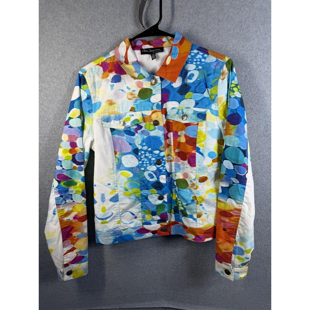 Claire Desjardins Jacket Womens Small Multicolor Denim Art Print Button Lined